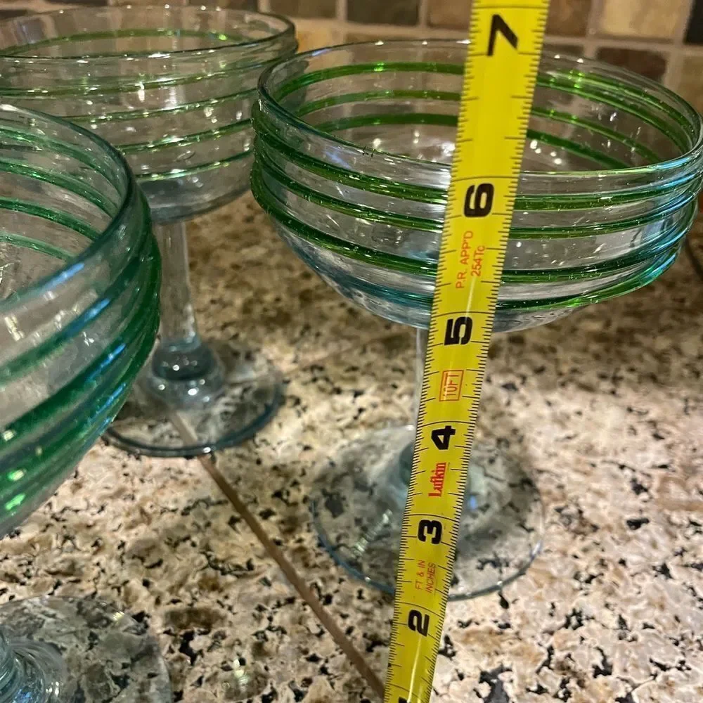 4 Hand Blown Green Glass Margarita Glasses Made in Mexico